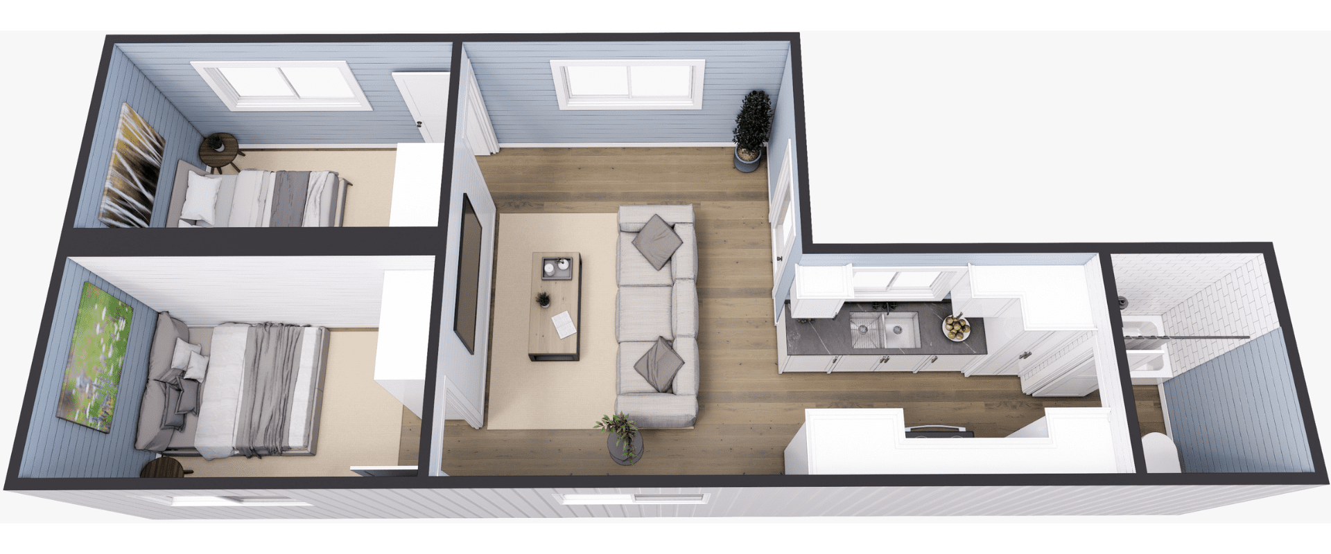 An example floor plan for Dwell Well, a 2 bed 1 bath container home
