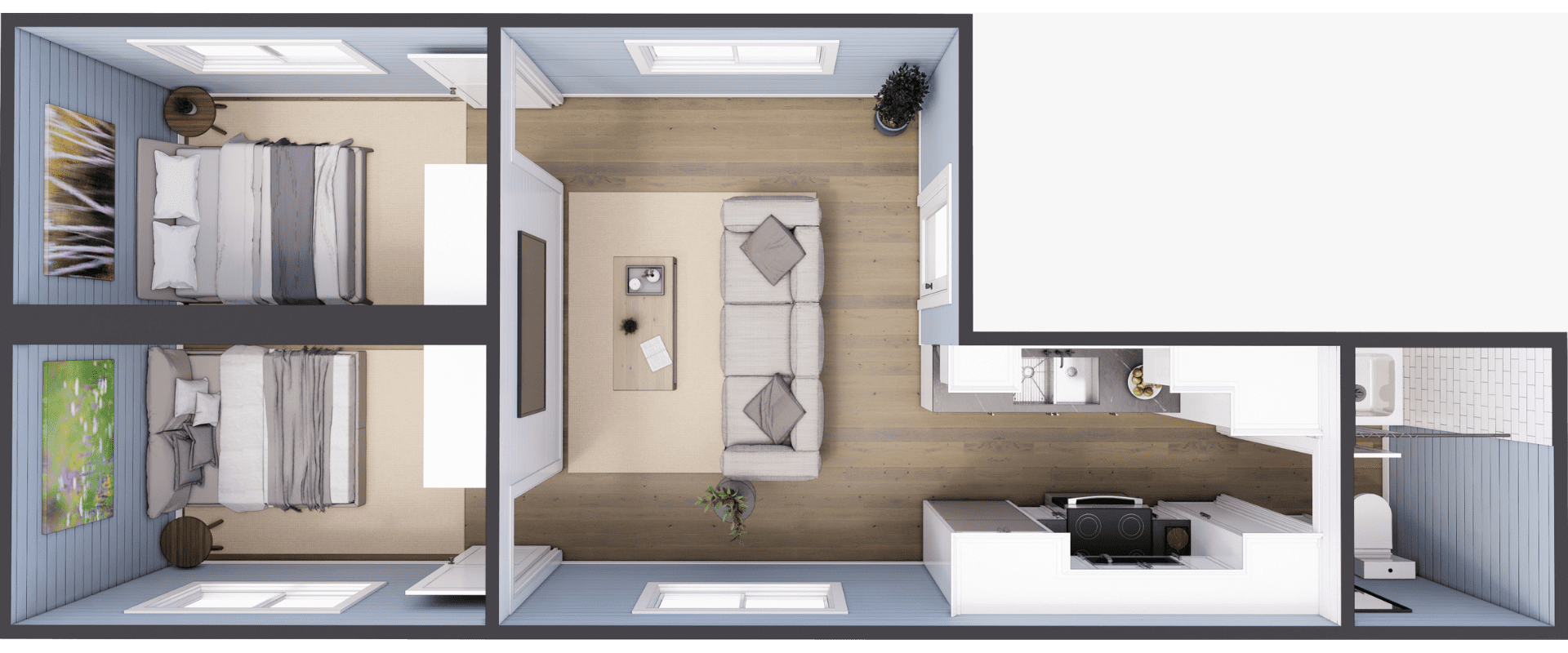 An example floor plan for Dwell Well, a 2 bed 1 bath container home
