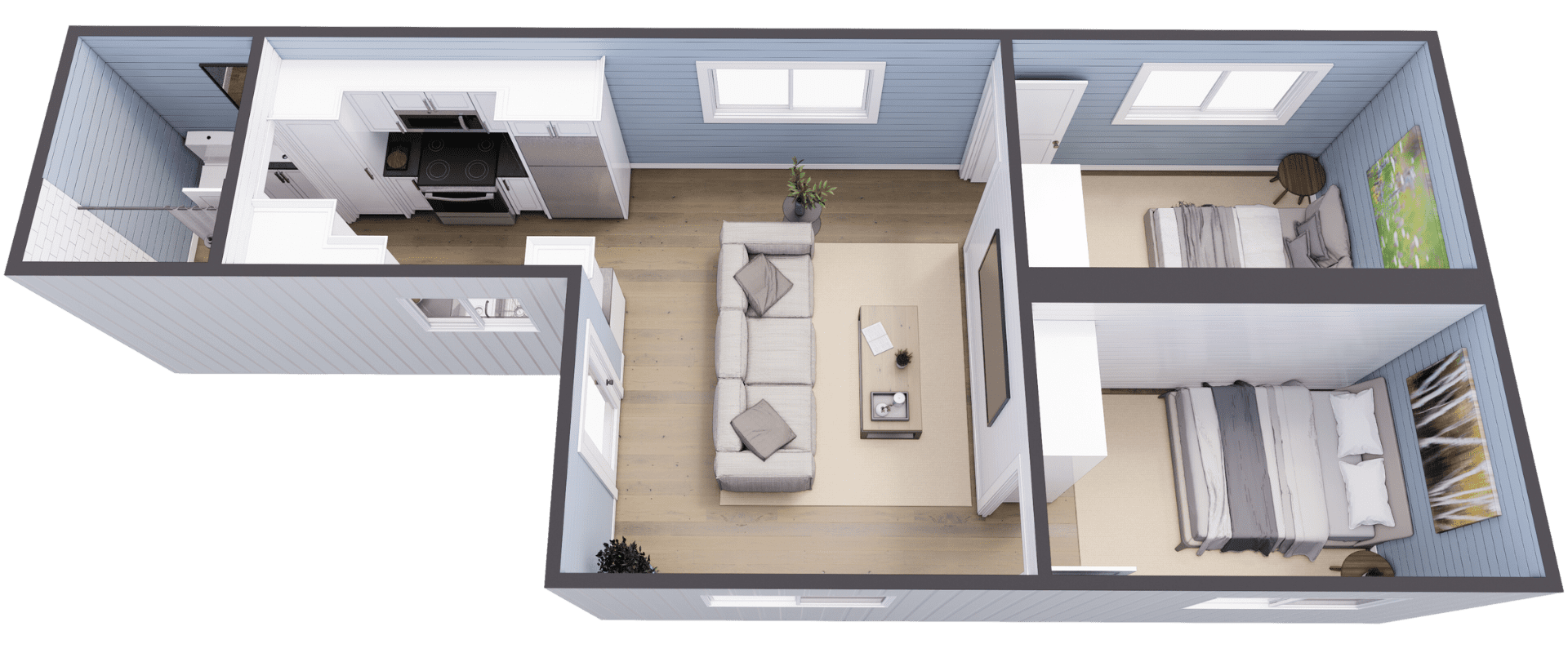 An example floor plan for Dwell Well, a 2 bed 1 bath container home
