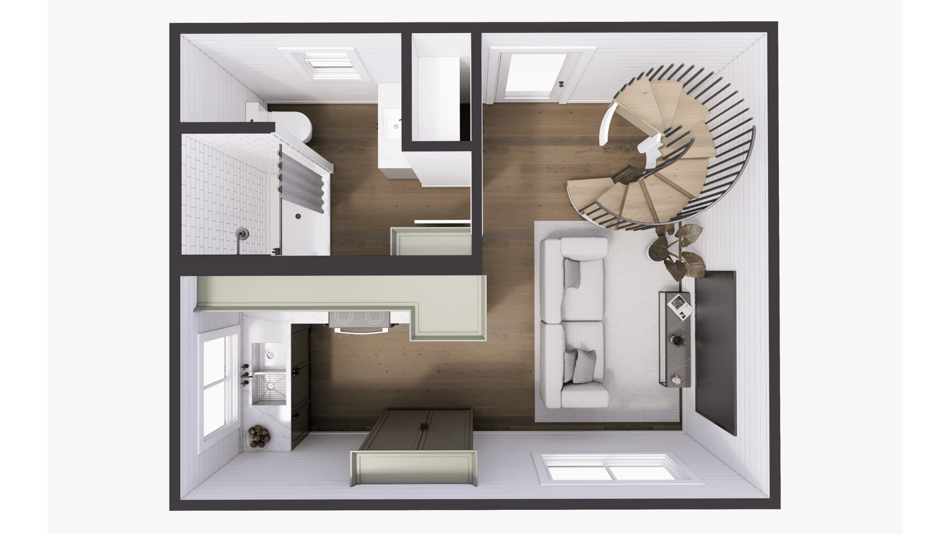 An example floor plan of The Short Stack, a two story shipping container home