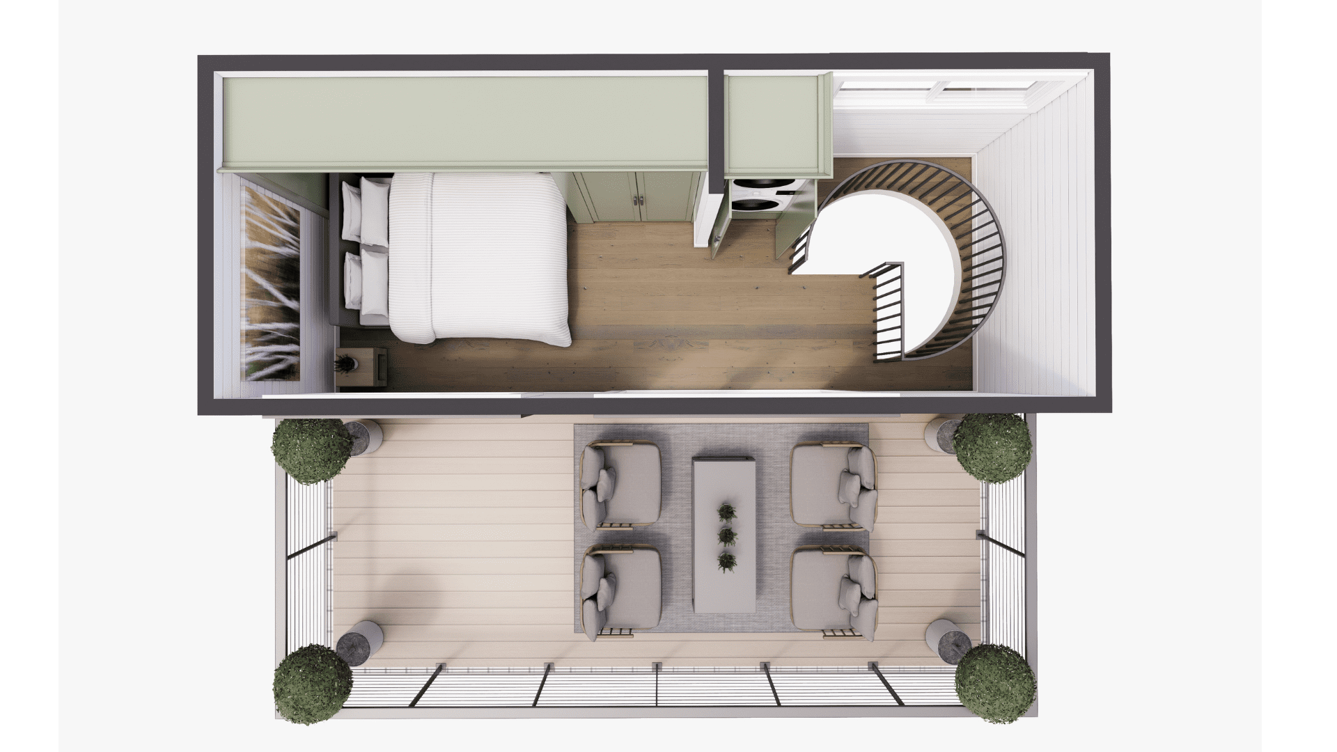 An example floor plan of The Short Stack, a two story shipping container home