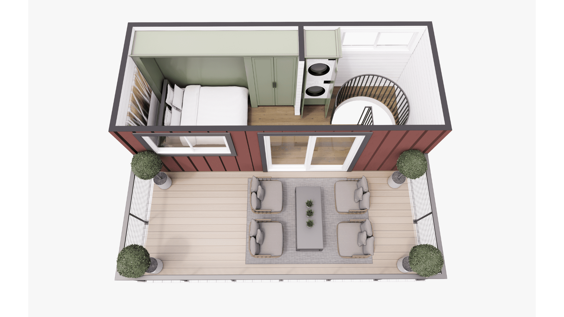 An example floor plan of The Short Stack, a two story shipping container home