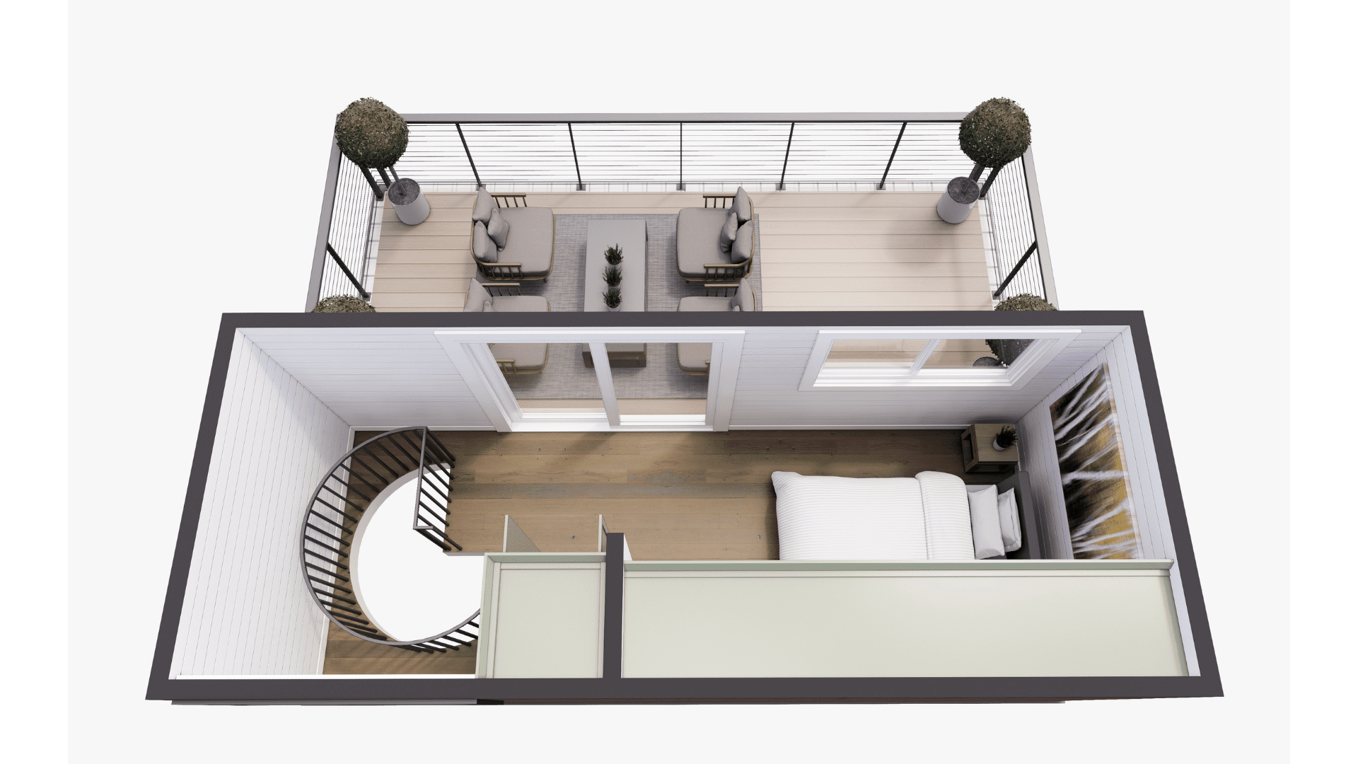 An example floor plan of The Short Stack, a two story shipping container home