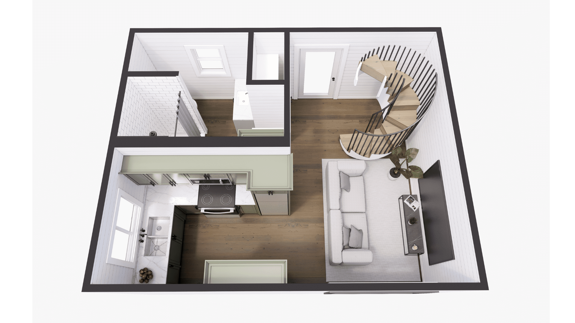 An example floor plan of The Short Stack, a two story shipping container home