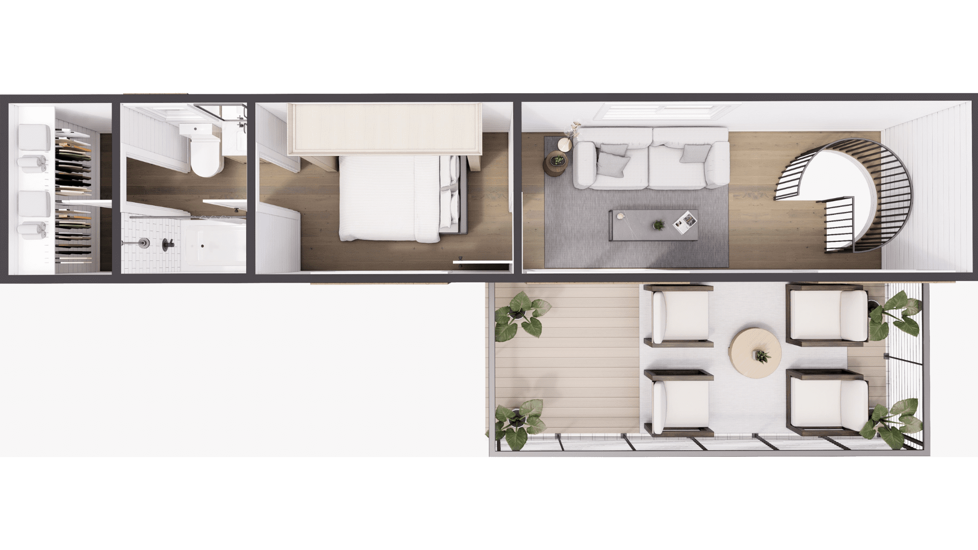An example floor plan of The 3rd Wheel, a two story container home