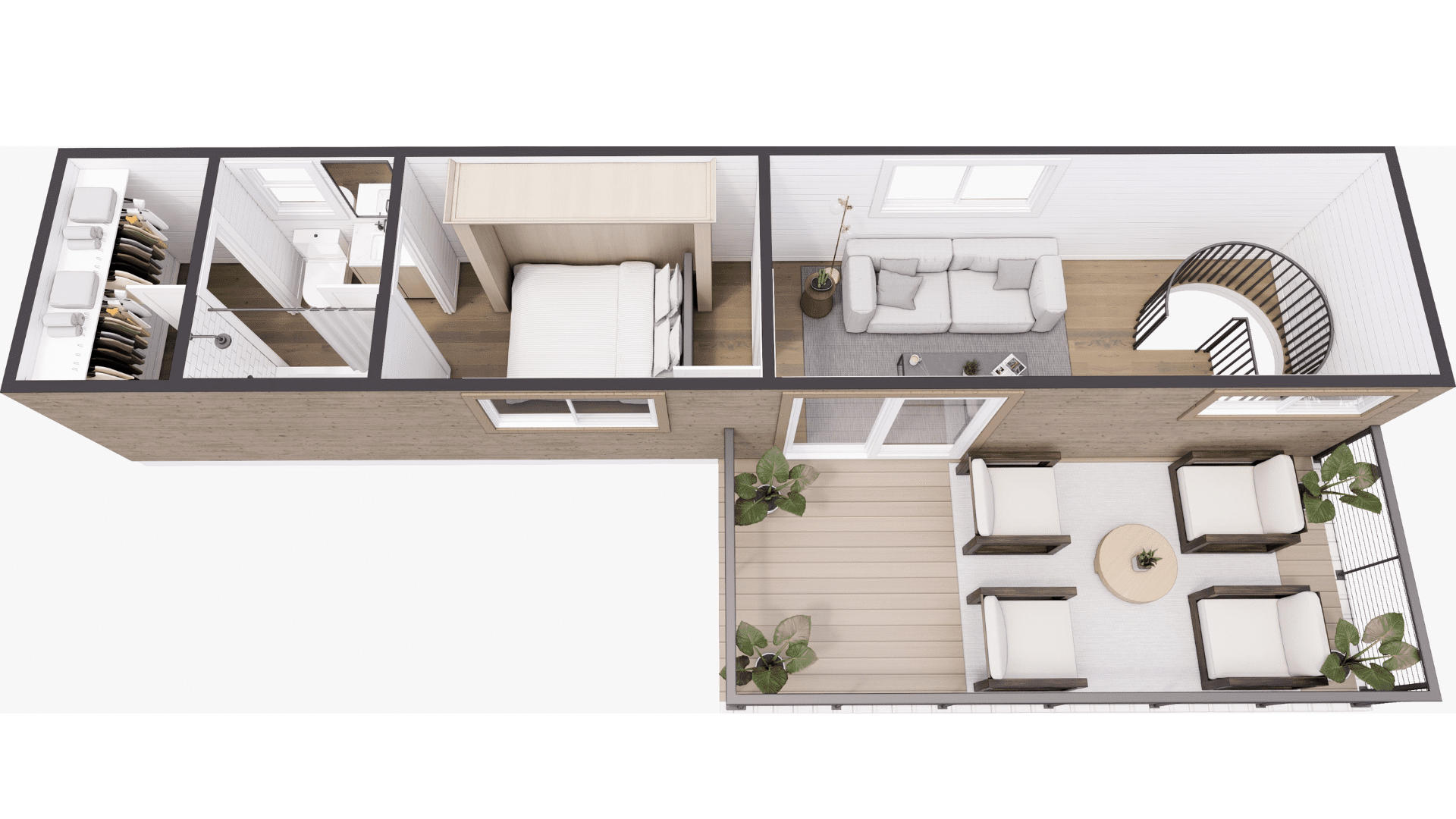 An example floor plan of The 3rd Wheel, a two story container home