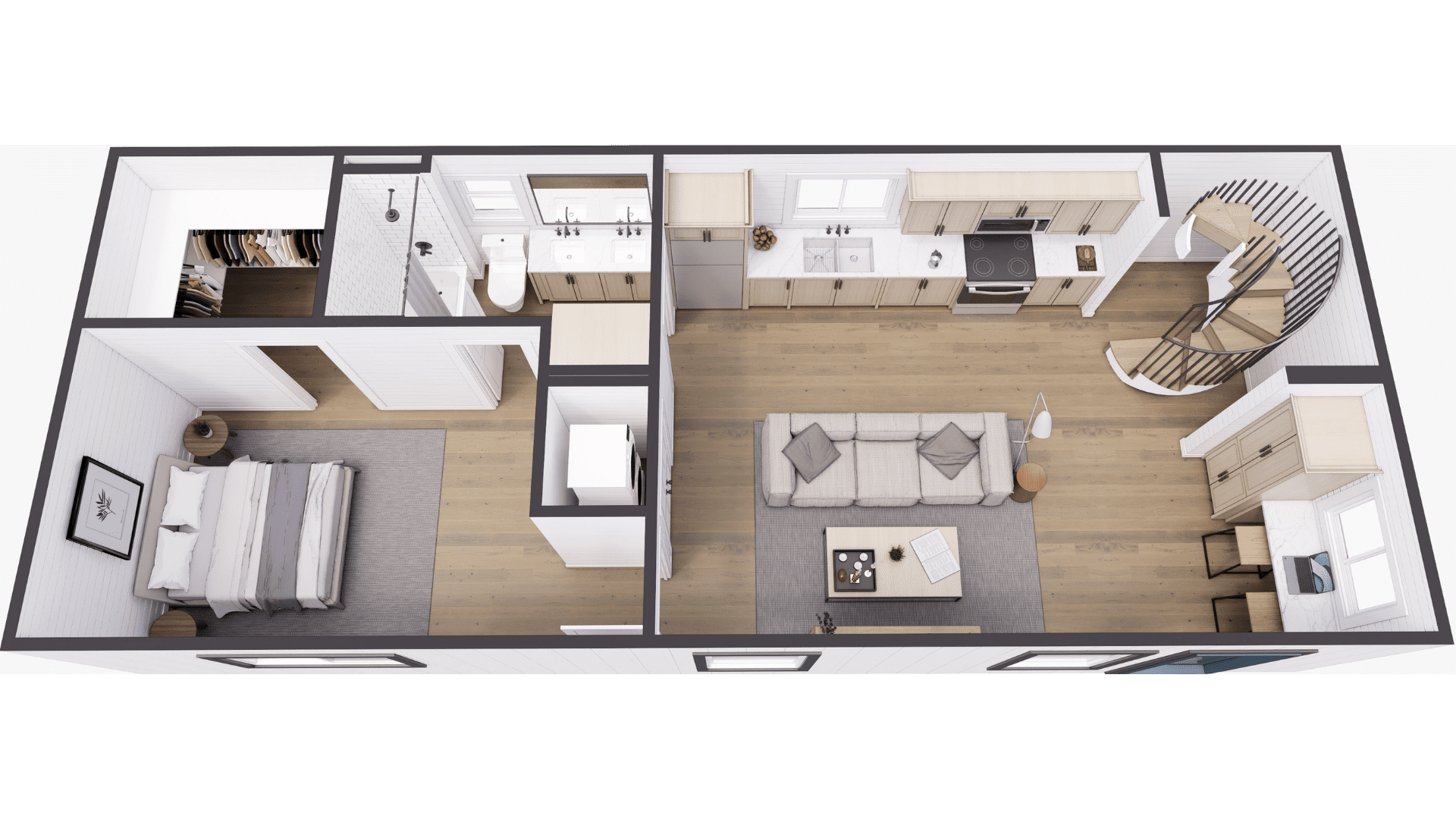 An example floor plan of The 3rd Wheel, a two story container home