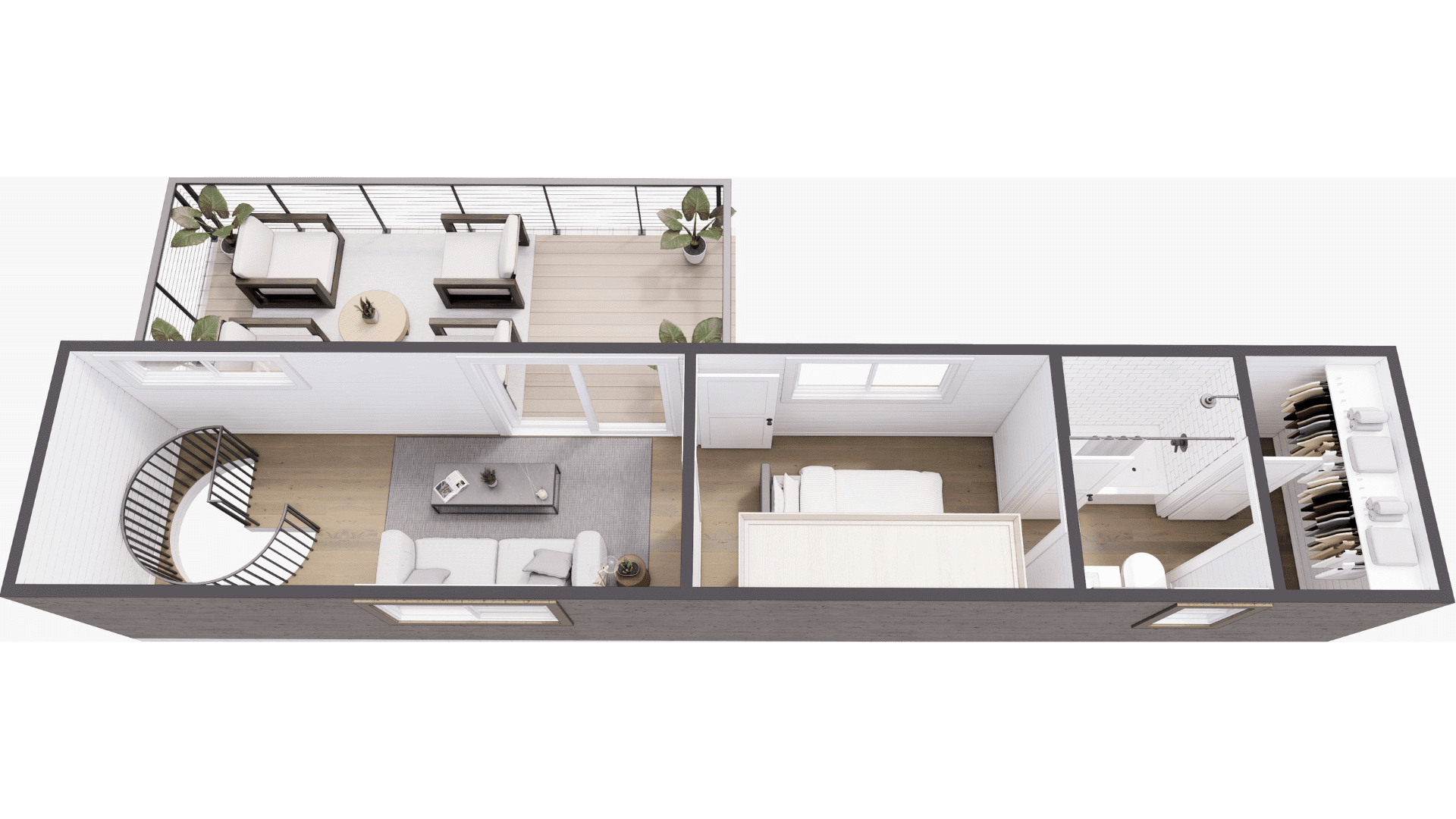 An example floor plan of The 3rd Wheel, a two story container home