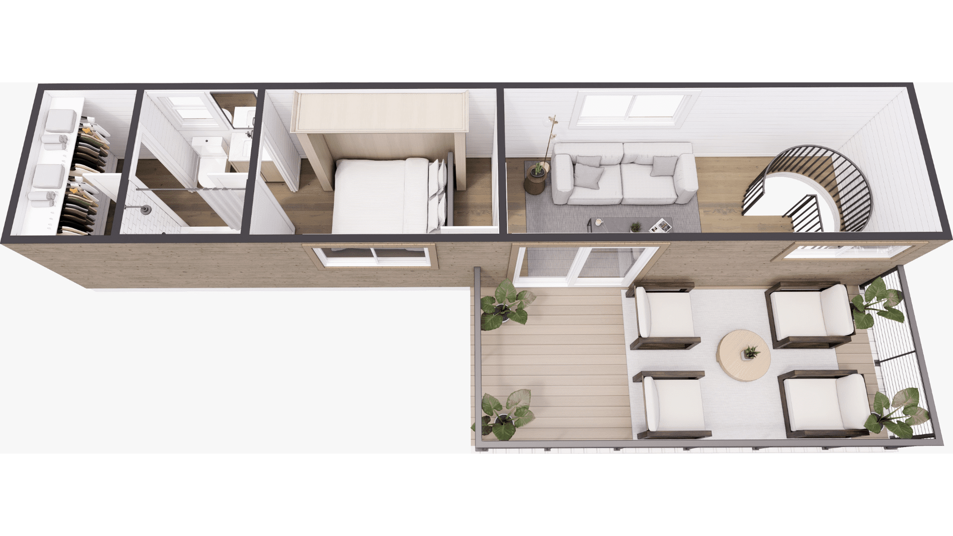 An example floor plan of The 3rd Wheel, a two story container home