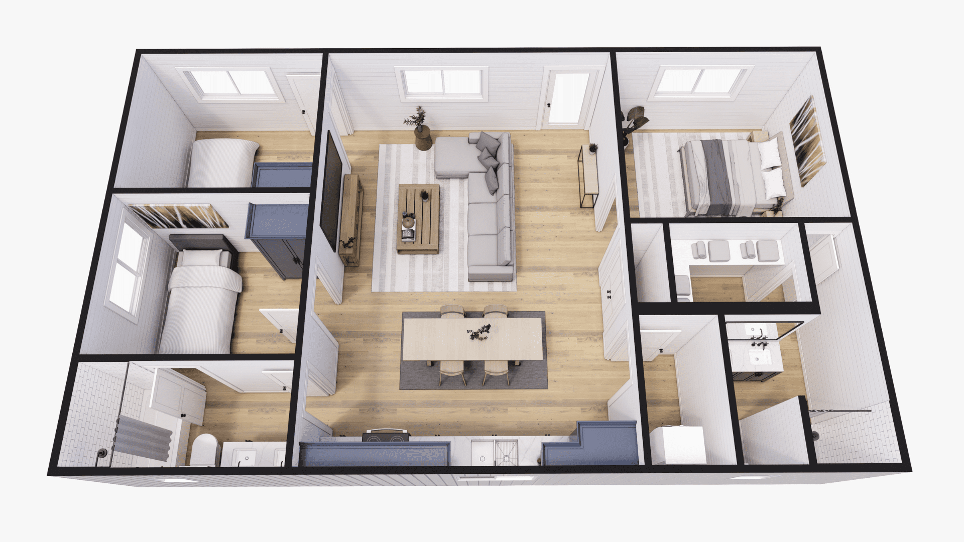 An example floor plan for The Triple Trio, a 3 bedroom container home