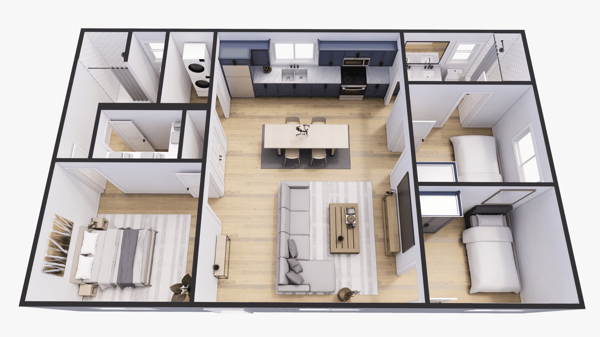 An example floor plan for The Triple Trio, a 3 bedroom container home