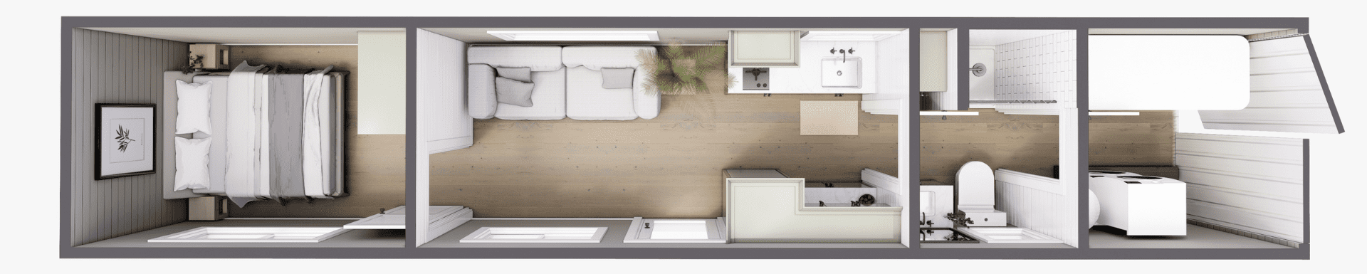 An example of a floor plan for The Hideaway, an off-grid container home