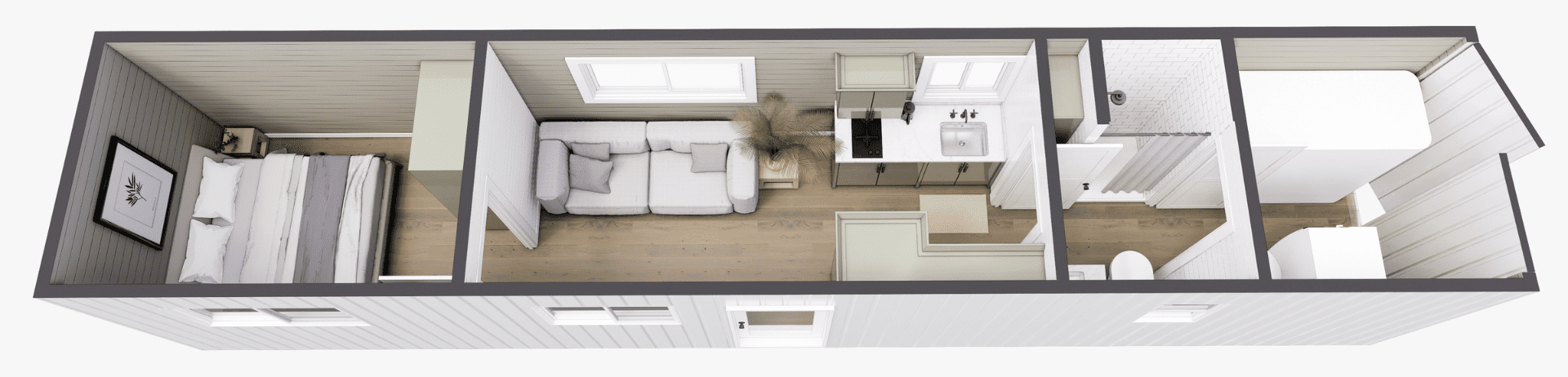 An example of a floor plan for The Hideaway, an off-grid container home