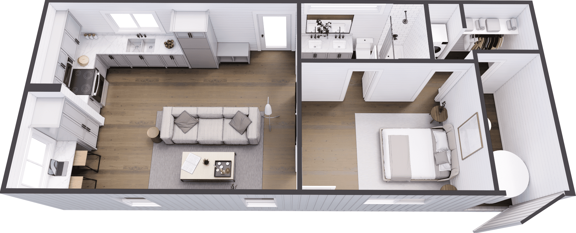An example of a floor plan for The Trailblazer, an off-grid container home