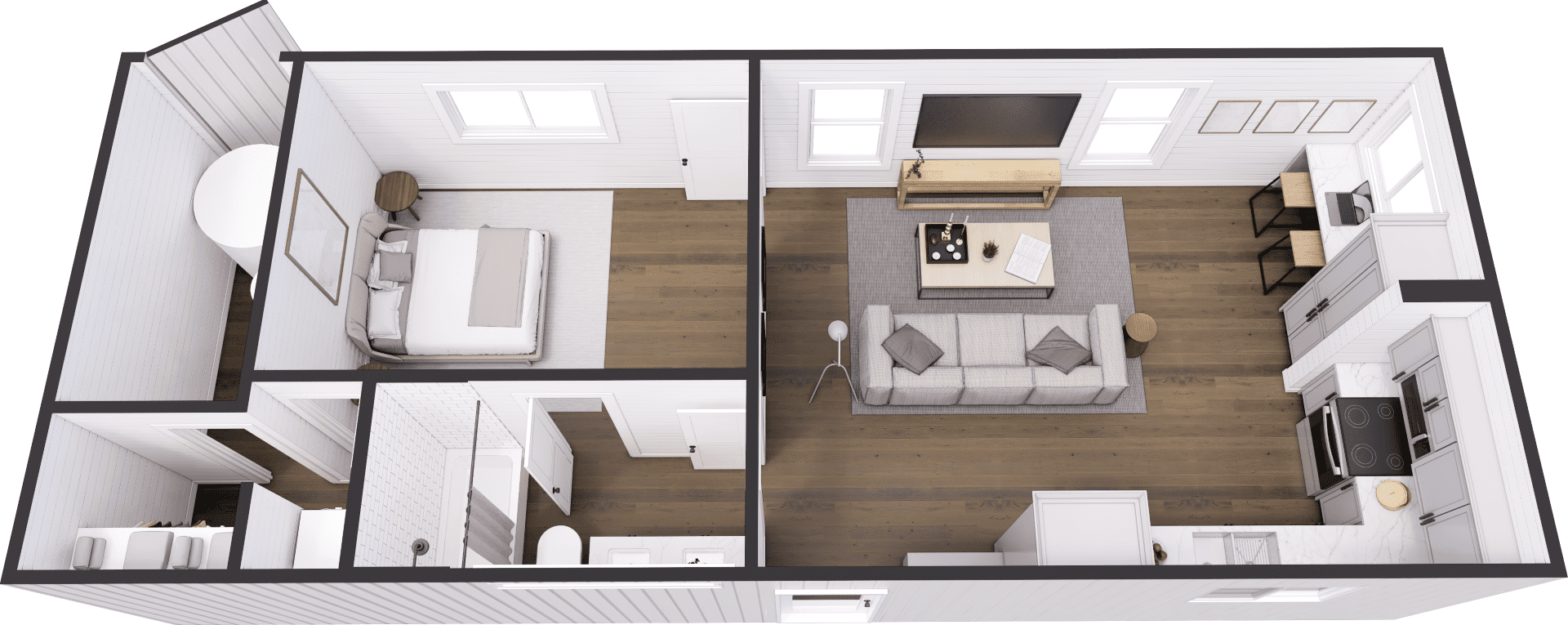 An example of a floor plan for The Trailblazer, an off-grid container home