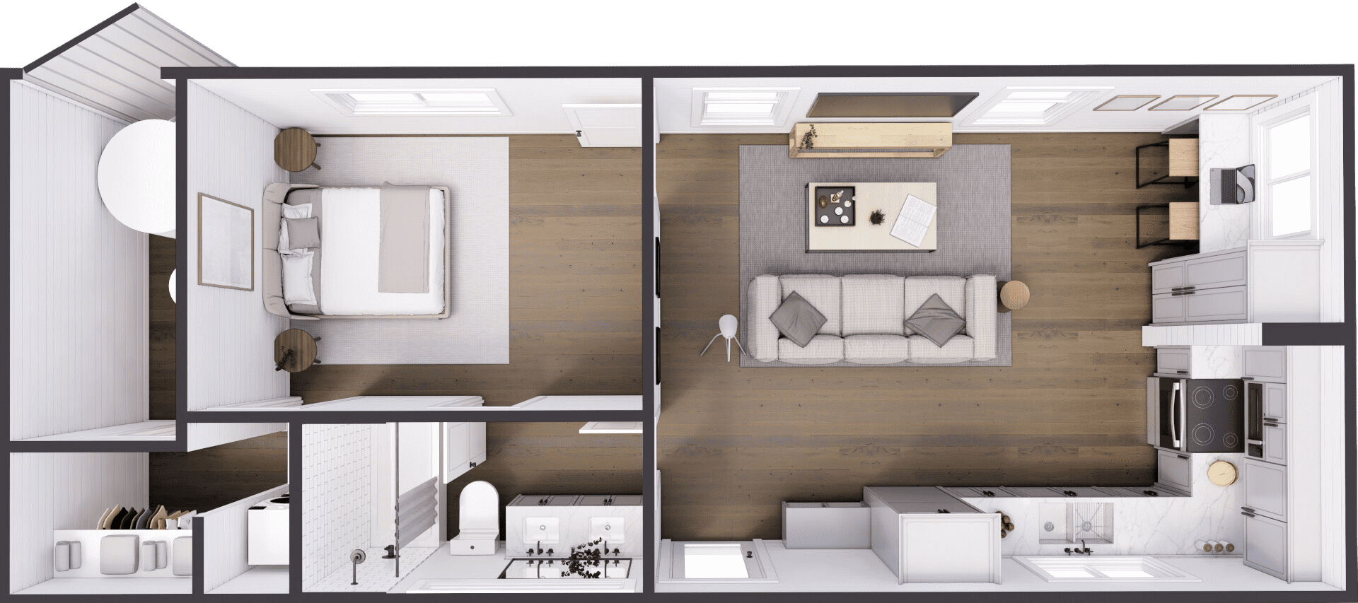 An example of a floor plan for The Trailblazer, an off-grid container home