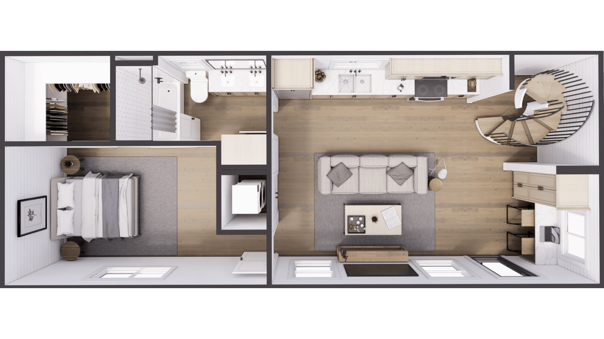 An example floor plan of The 3rd Wheel, a two story container home