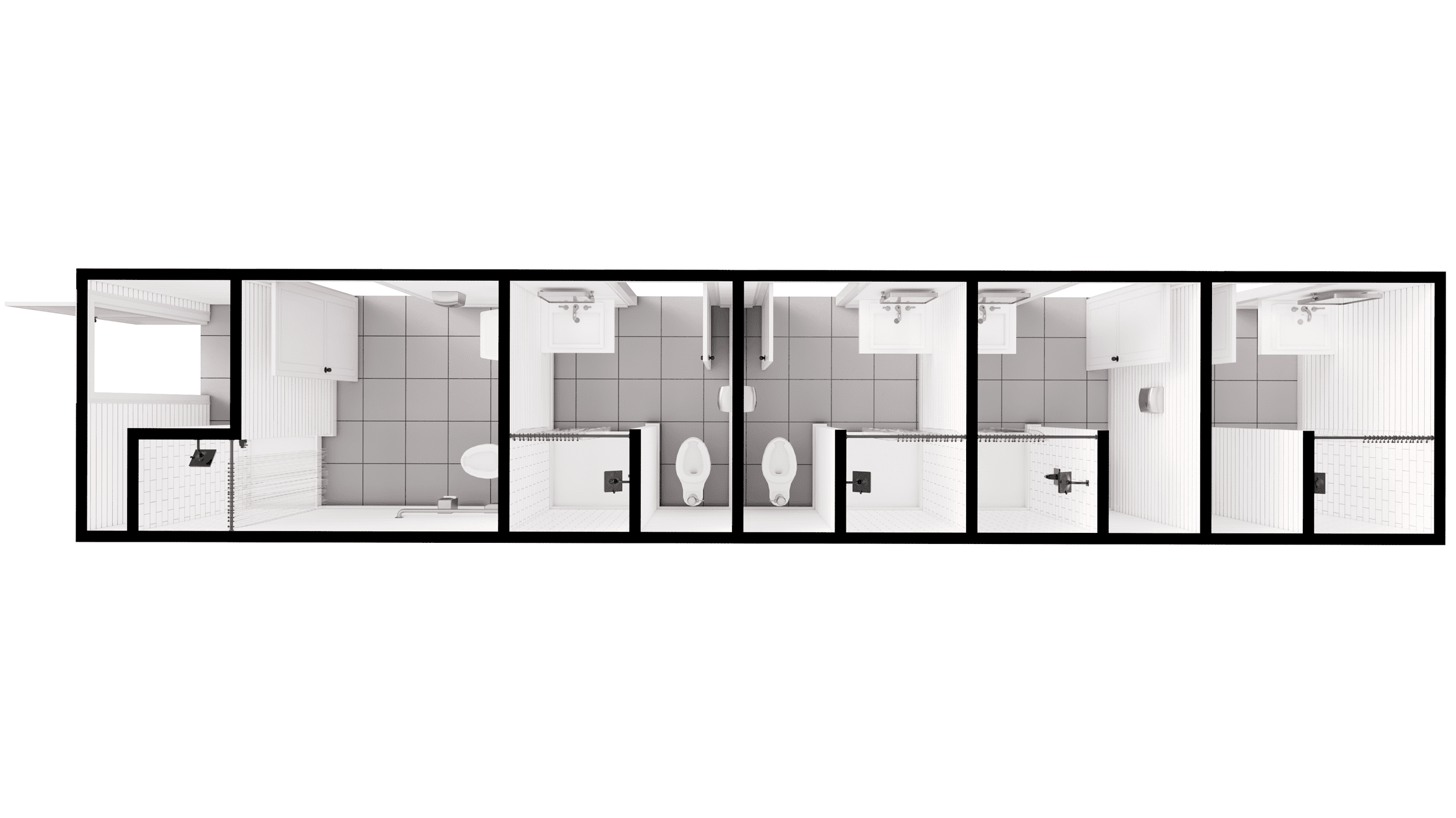 40-Foot Bathroom with Showers-1 ADA Stall, 4 Std Stalls